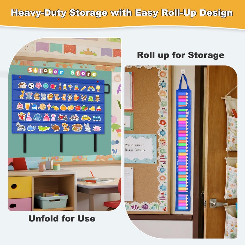 AKAYOK Sentence Strip Holder- Clear 5 Pocket Chart for Classroom Homeschool Office, Foldable Pocket Chart for Word Wall/Letter Cards/Sentence Strips/Bulletin Board Borders (Blue) - Image 3